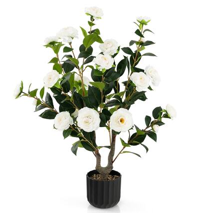 Front. Gymax - Gymax 38'' Artificial Camellia Tree Faux Floral Plant Fake Tree for Decoration White - White.