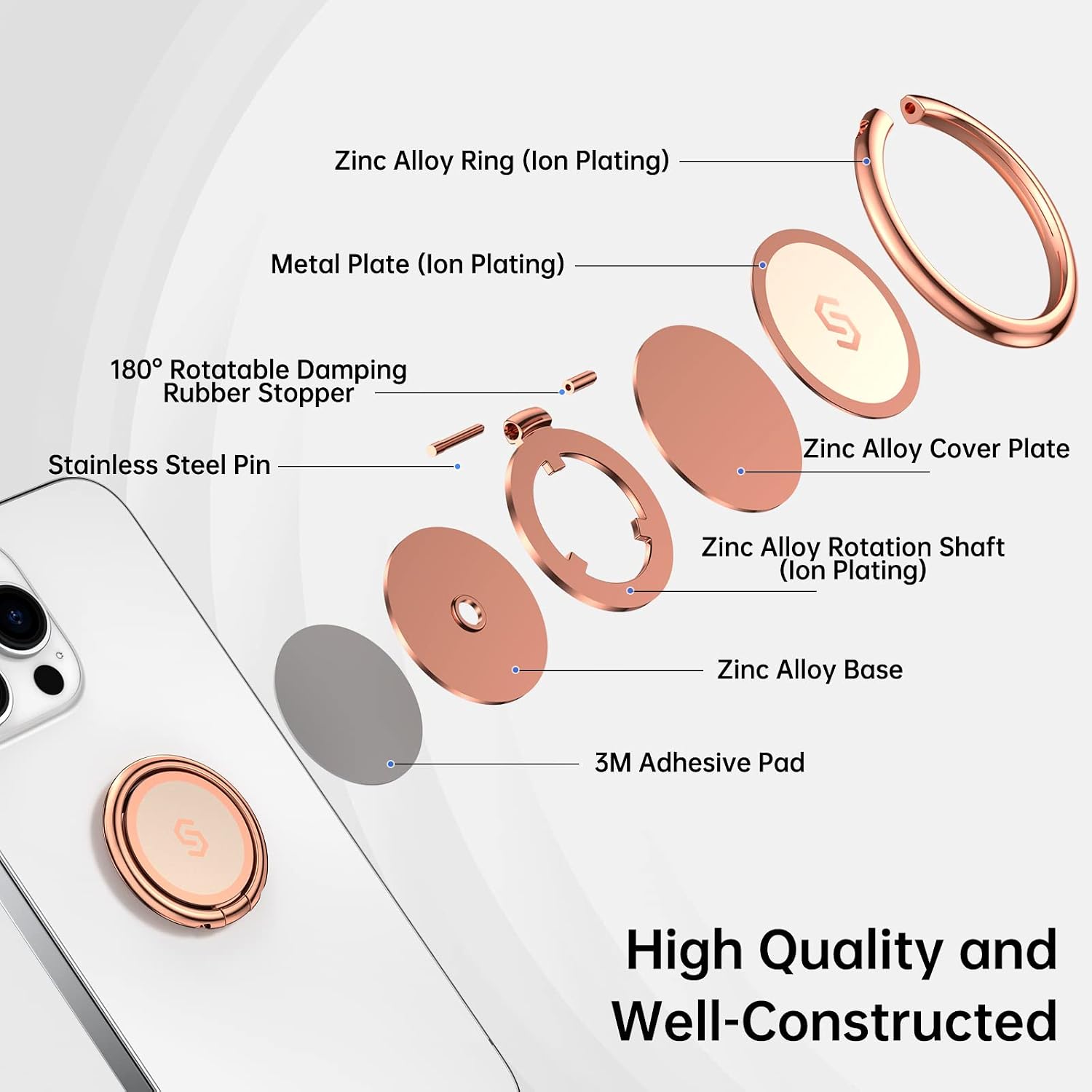 Zinc Alloy Ring (Ion Plating)  
Metal Plate (Ion Plating)  
180° Rotatable Damping Rubber Stopper  
Stainless Steel Pin  
Zinc Alloy Cover Plate  
Zinc Alloy Rotation Shaft (Ion Plating)  
Zinc Alloy Base  
3M Adhesive Pad  

High Quality and Well-Constructed