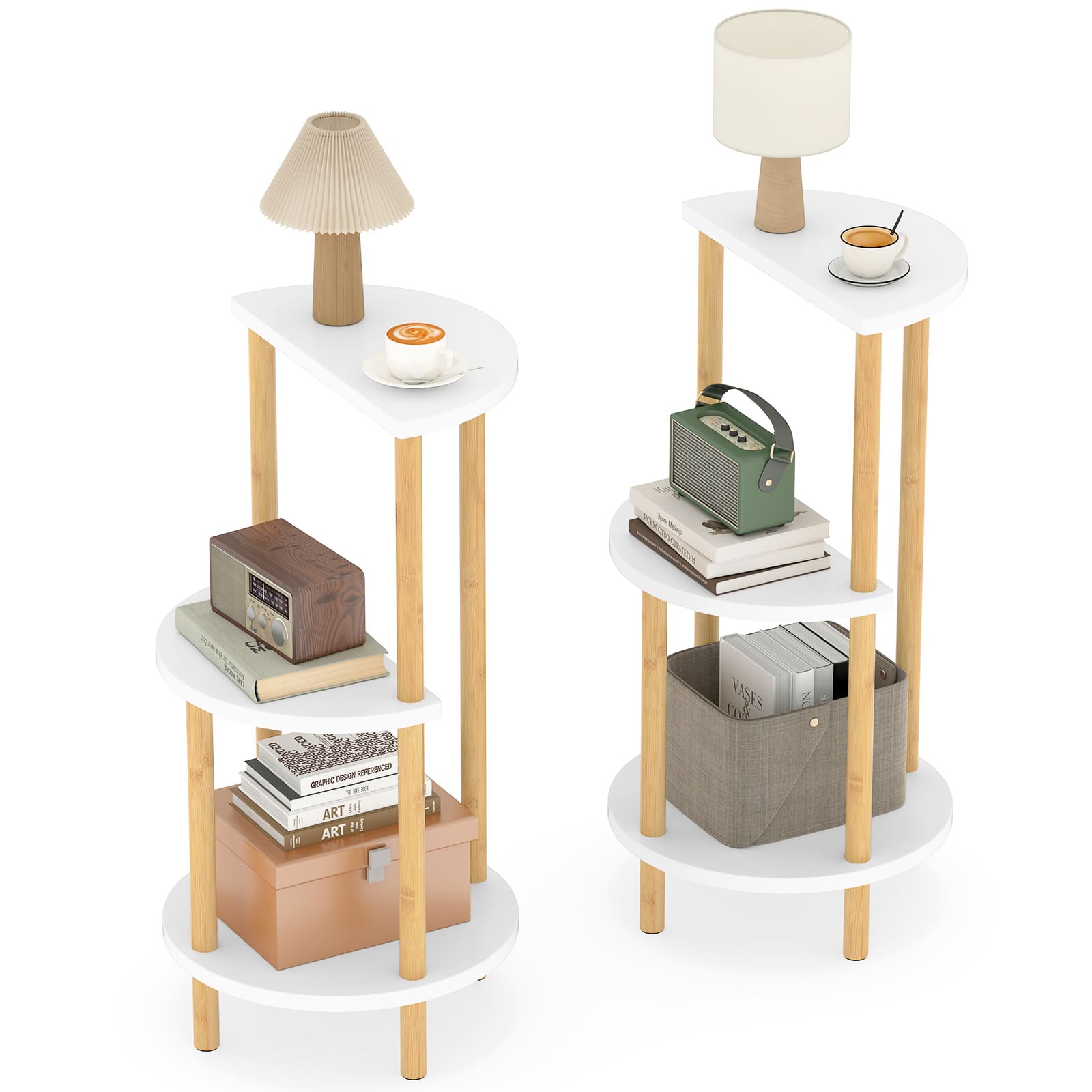 Gymax - 24'' Round Side Table Set of 2 w/Storage Shelves Bamboo Construction for Bedroom - Yellow