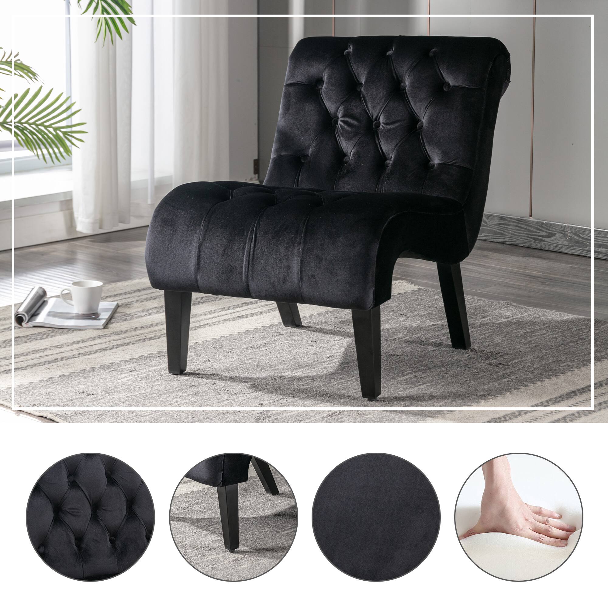 Alt View 2. Trinkets Crazed - Velvet Accent Lounge Chair for Living Room, Modern Leisure Chair with Tufted Backrest, Indoor Armless Side Chair - Black.