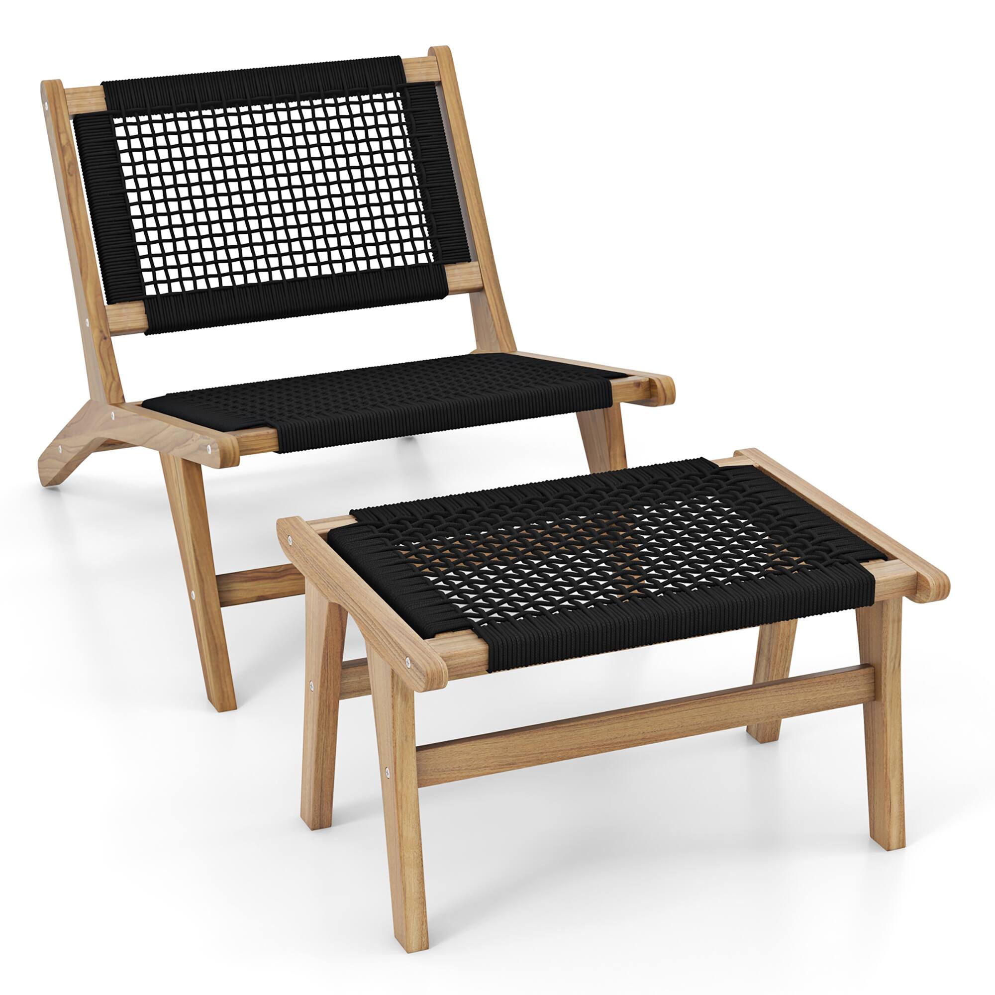 Alt View 8. Gymax - Gymax 2PCS Teak Ottoman Footstool w/ Handwoven Cordage for Patio Porch Balcony Lawn - Natural, Black.