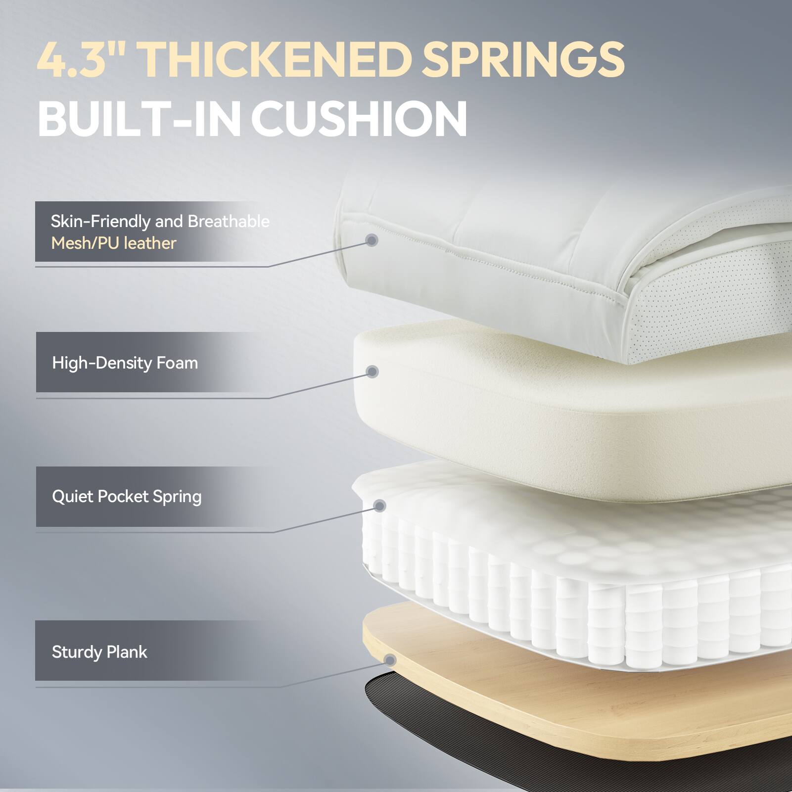 4.3" Thickened Springs Built-In Cushion

- Skin-Friendly and Breathable Mesh/PU Leather
- High-Density Foam
- Quiet Pocket Spring
- Sturdy Plank