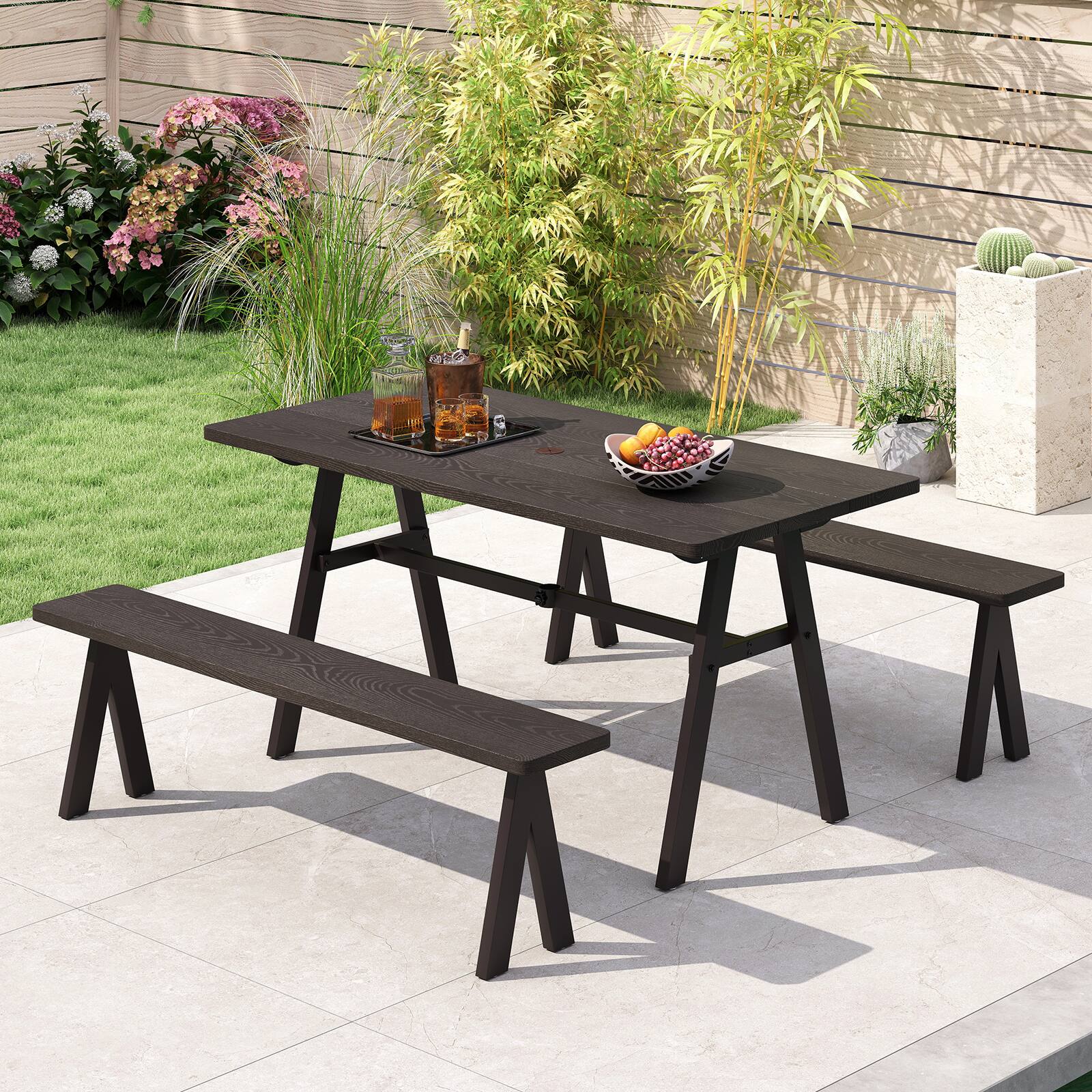 Alt View 4. Gymax - Gymax 3-Person Outdoor Bench Set of 2 w/ 800 LBS Bearing Capacity for Garden - Dark Brown.