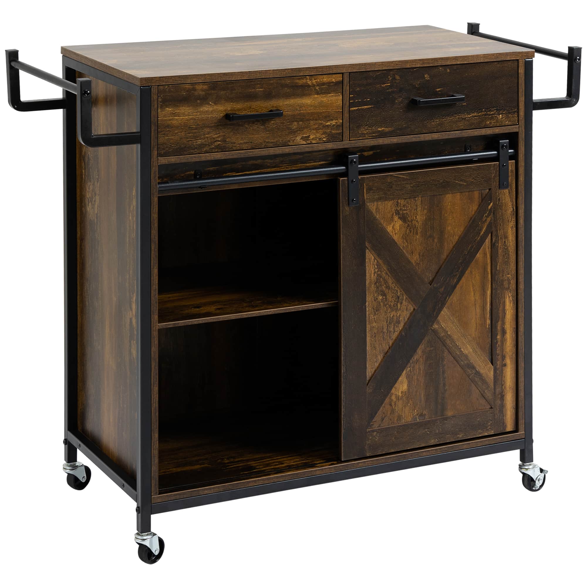 Front. Homcom - Industrial Kitchen Cart, Rolling Kitchen Island with Adjustable Shelf, Two Drawers, Sliding Barn Door Cabinet - Rustic Brown.