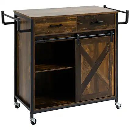 Front. Homcom - Industrial Kitchen Cart, Rolling Kitchen Island with Adjustable Shelf, Two Drawers, Sliding Barn Door Cabinet - Rustic Brown.