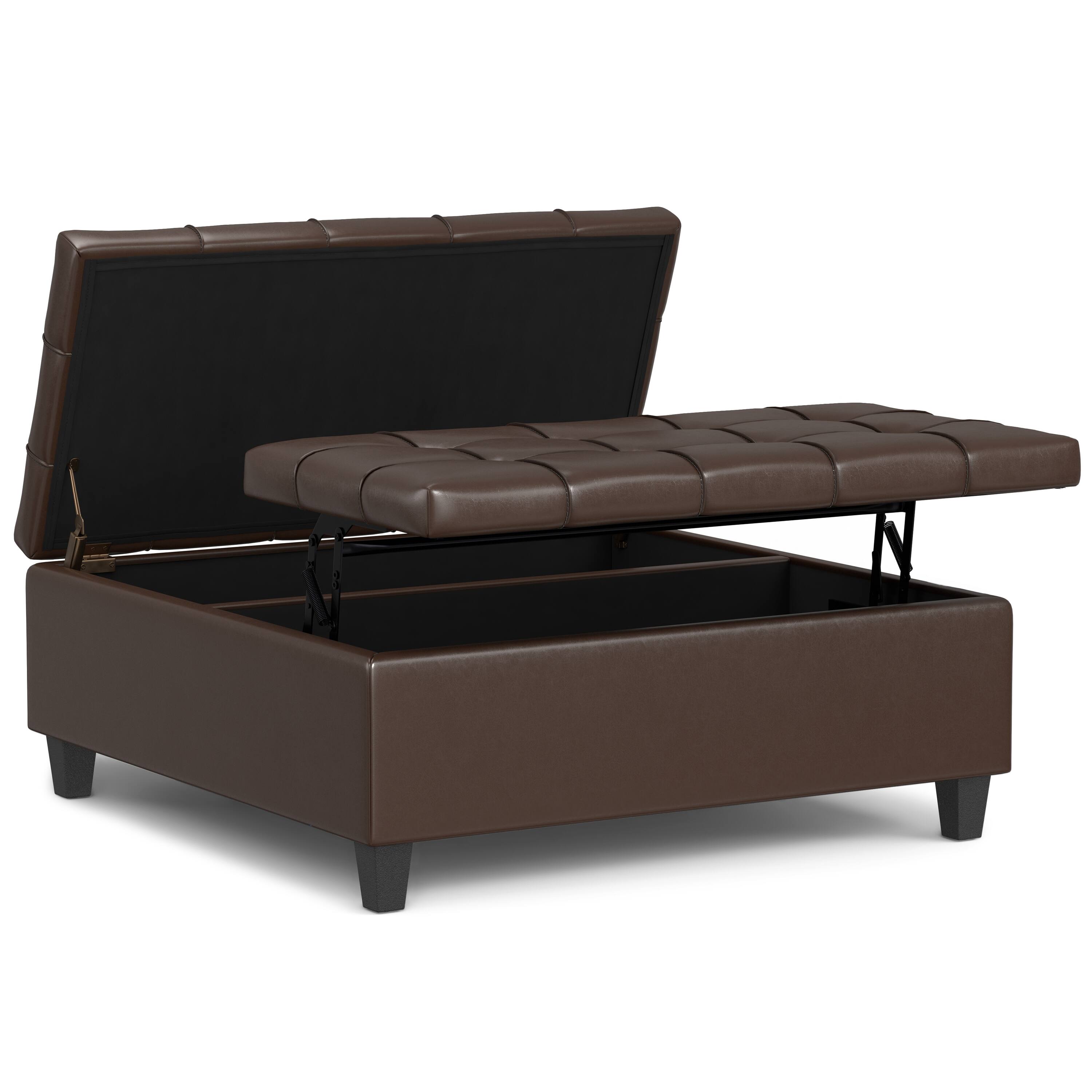 Back. Simpli Home - Harrison 40 inch Wide Large Square Coffee Table Storage Ottoman in Chocolate Brown Vegan Leather - Chocolate Brown.