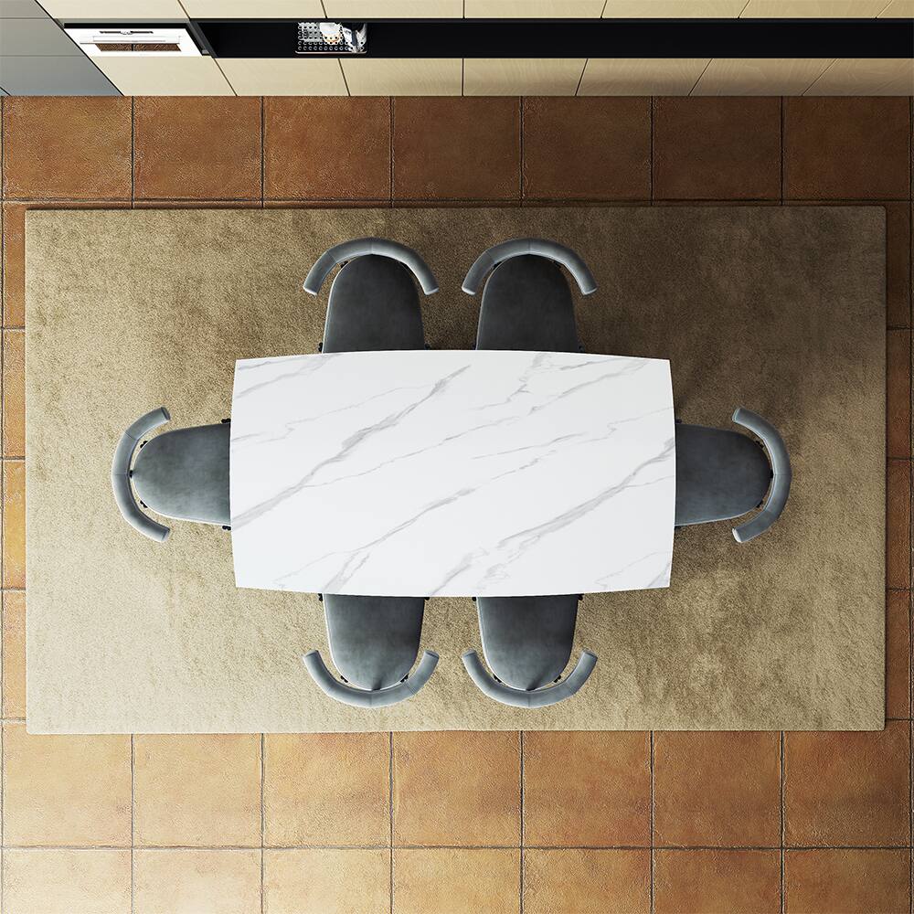 Alt View 9. POVISON - 71"-95"Extendable Modern White Dining Table for 6-10, Rectangular Glossy Sintered Stone Tabletop, Gray Carbon Steel Leg - Glossy White Sintered Stone with Gray.