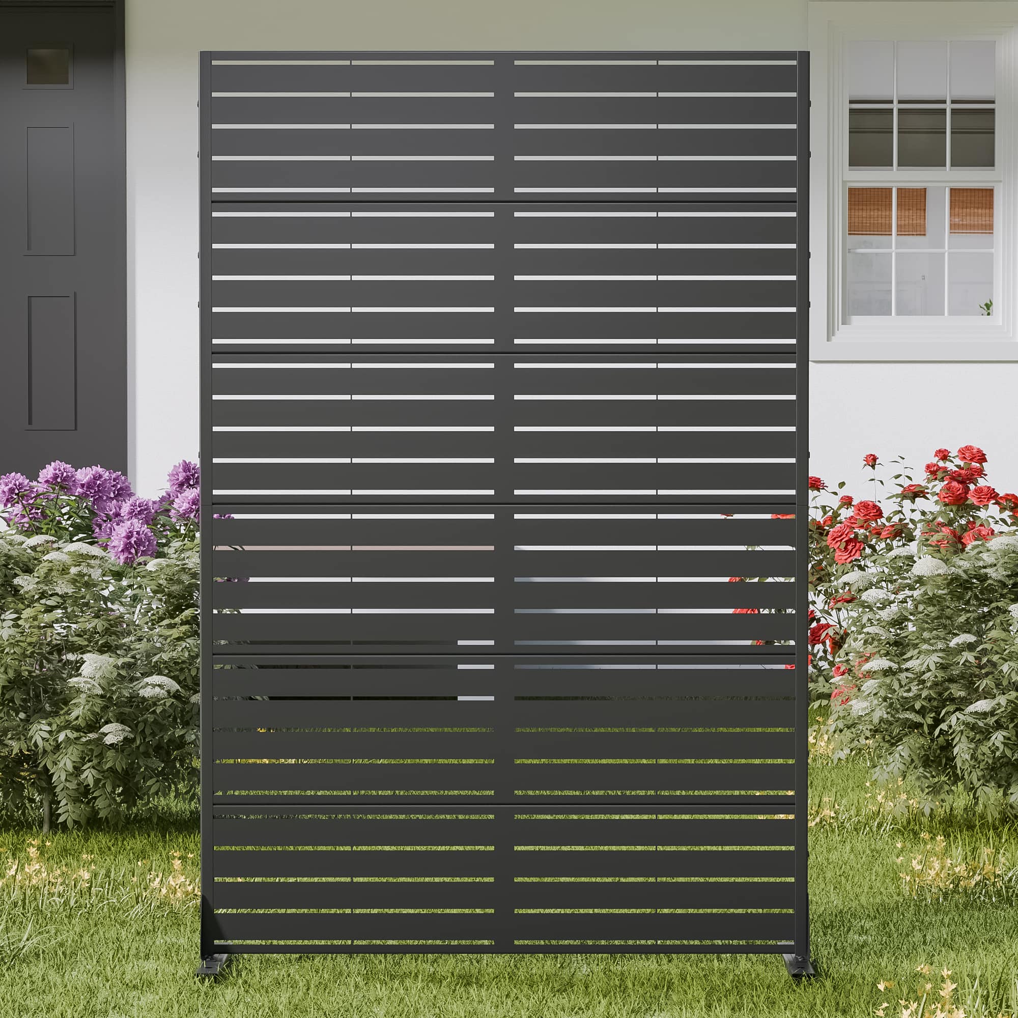 PexFix - 72 in. x 47 in. Louvered Pattern Metal Outdoor Privacy Screen & Panels, Freestanding Garden Divider Fence - Black