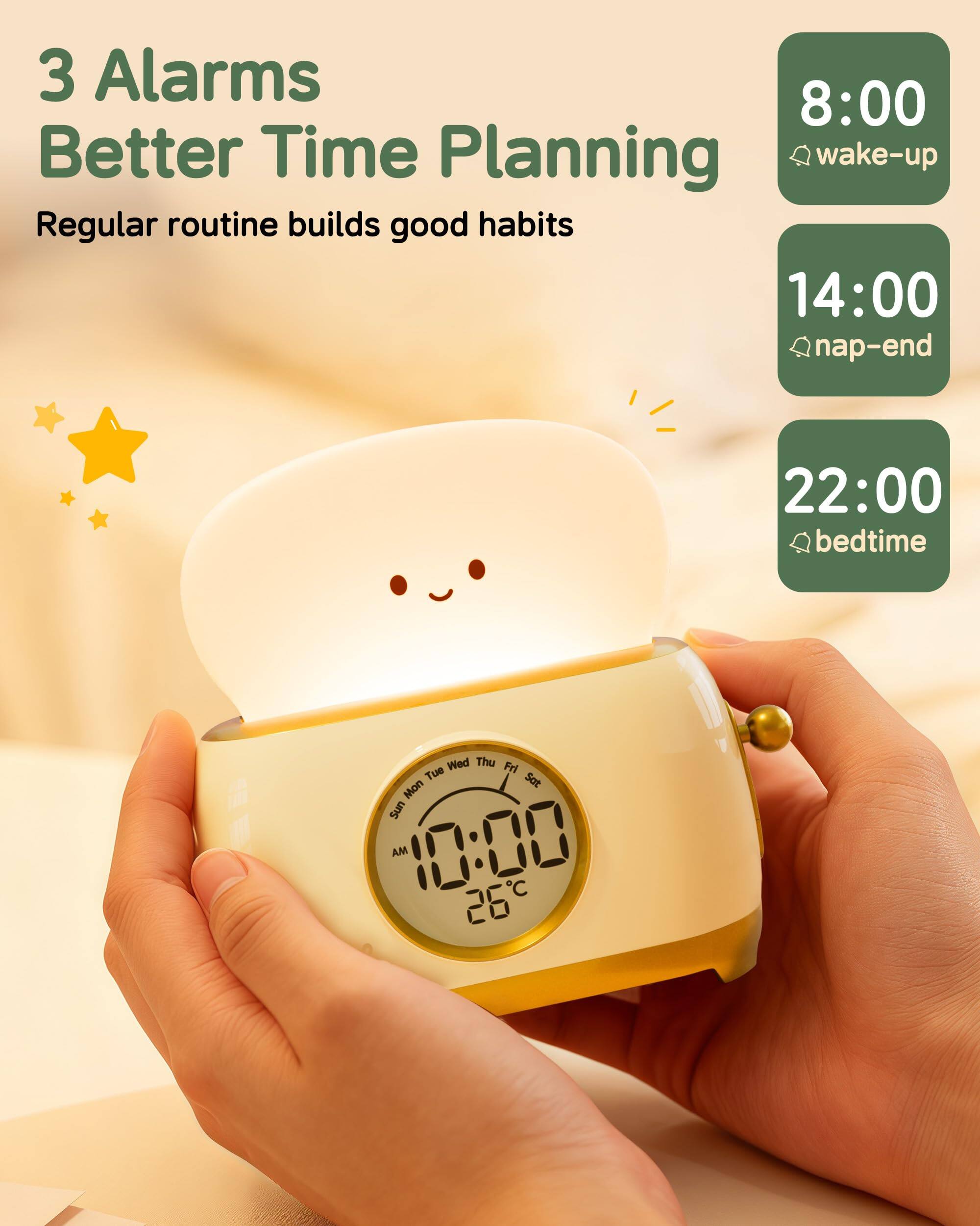 3 Alarms  
Better Time Planning  
Regular routine builds good habits  

8:00 wake-up  
14:00 nap-end  
22:00 bedtime  

AM 10:00  
26°C