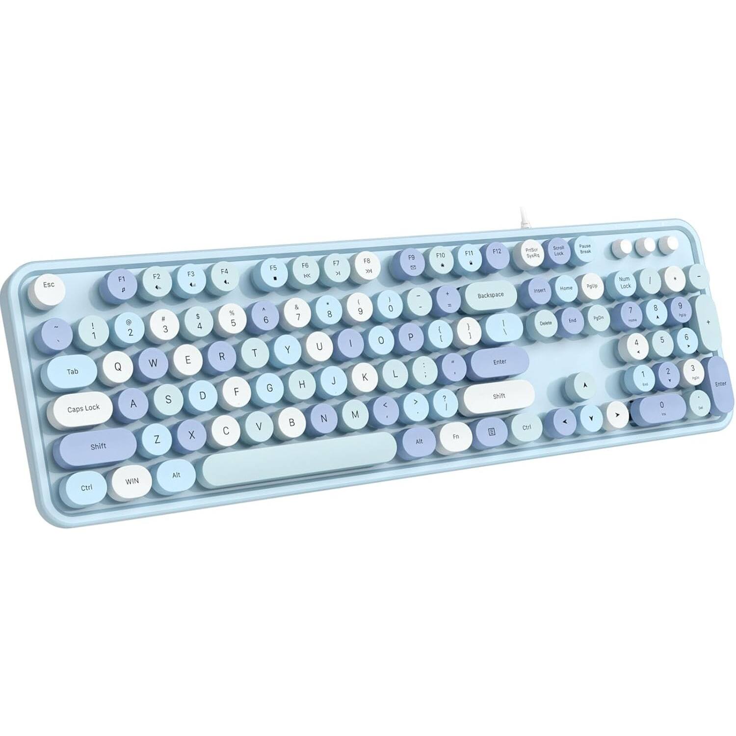 PARKER SLATER - Wired USB retro typewriter keyboard with round keys, full-size layout, foldable stands, and design - Blue Colorful