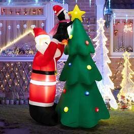 Gymax - 6FT Christmas Inflatable Tree Santa Claus & Penguin Decor w/ Air Blower & LED Lights - Colorful