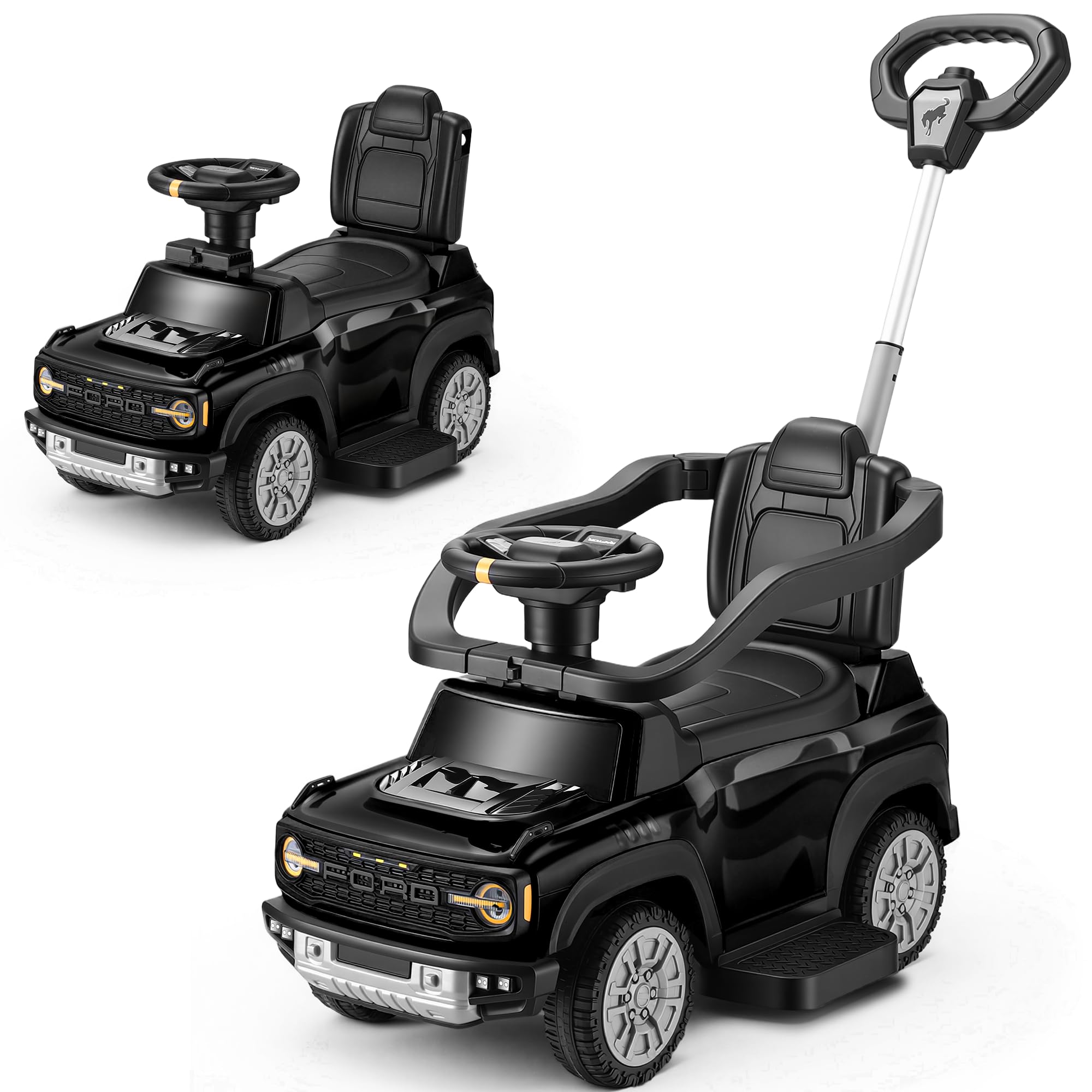 Front. FIRST RIDE ON - 3-in-1 Toddler Push Car, Licensed Ford Bronco Raptor Kids Push Car for Toddlers 1-3 w/Handle, Ride on Toy for Boys - Black.