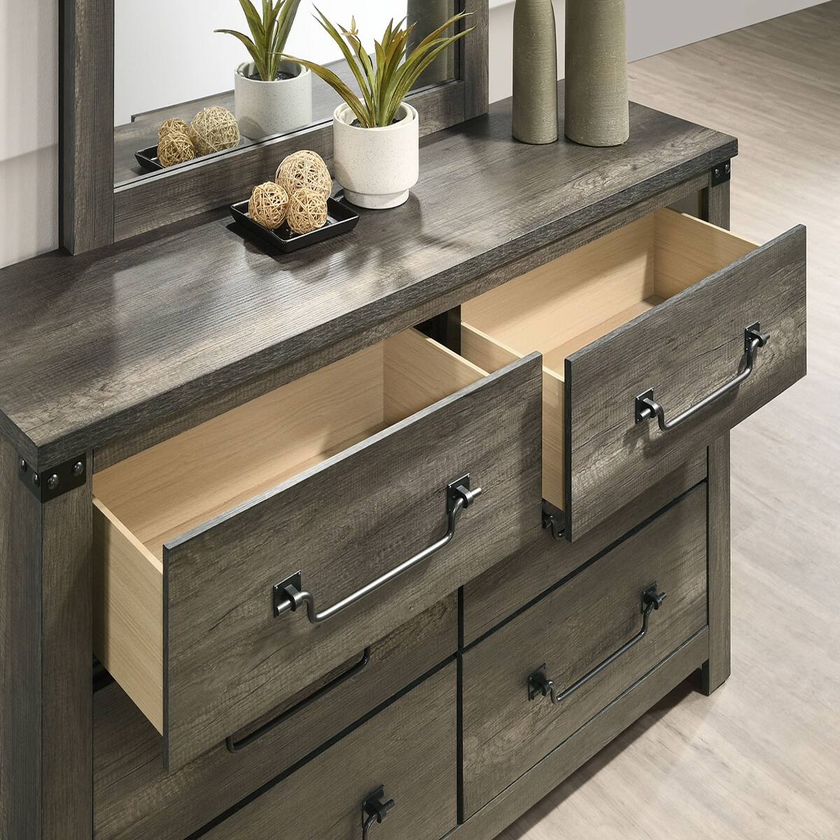 Alt View 4. Loheer - Loheer Rustic Gray Two Drawer Nightstand with Antique Brass Color Handles, 23 Inch Wide - Rustic Gray.