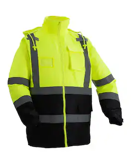 VEVOR - High Visibility Reflective Safety Jacket, Waterproof Safety Hoodie, Work Construction Coat with Pockets for Men & Women - Bright Yellow with Black and Reflective Strips