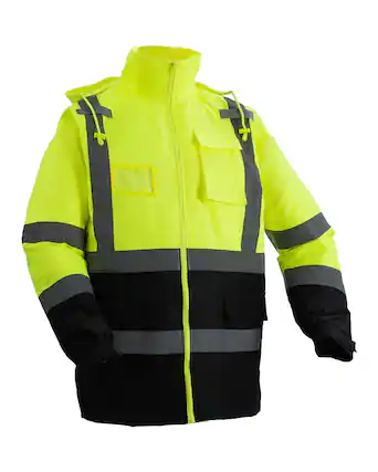 Front. VEVOR - High Visibility Reflective Safety Jacket, Waterproof Safety Hoodie, Work Construction Coat with Pockets for Men & Women - Bright Yellow with Black and Reflective Strips.