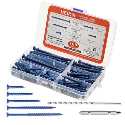 VEVOR
Affordable. Home Improvement.
3/16"X3-1/4" 15PCS
3/16"X3-3/4" 10PCS
3/16"X2-1/4" 15PCS
3/16"X1-1/4" 30PCS
3/16"X1-3/4" 30PCS
100 CONCRETE SCREWS
Kit Blue Flat Head Screw
WARNING: NOT SUITABLE FOR CHILDREN
WARNING: SHARP POINTS - HANDLE WITH CARE
Made in China
VEVOR Support Center
www.vevor.com/support
(100 PCS) 3/16" Concrete Kit Blue Flat Head Screw