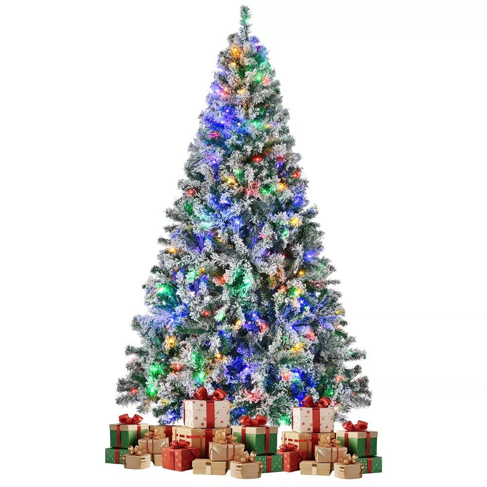 Front. HONGGE - 6 Ft Snow Flocked Pre-Lit Artificial Christmas Tree with 250 LED Lights and Metal Stand - Green.