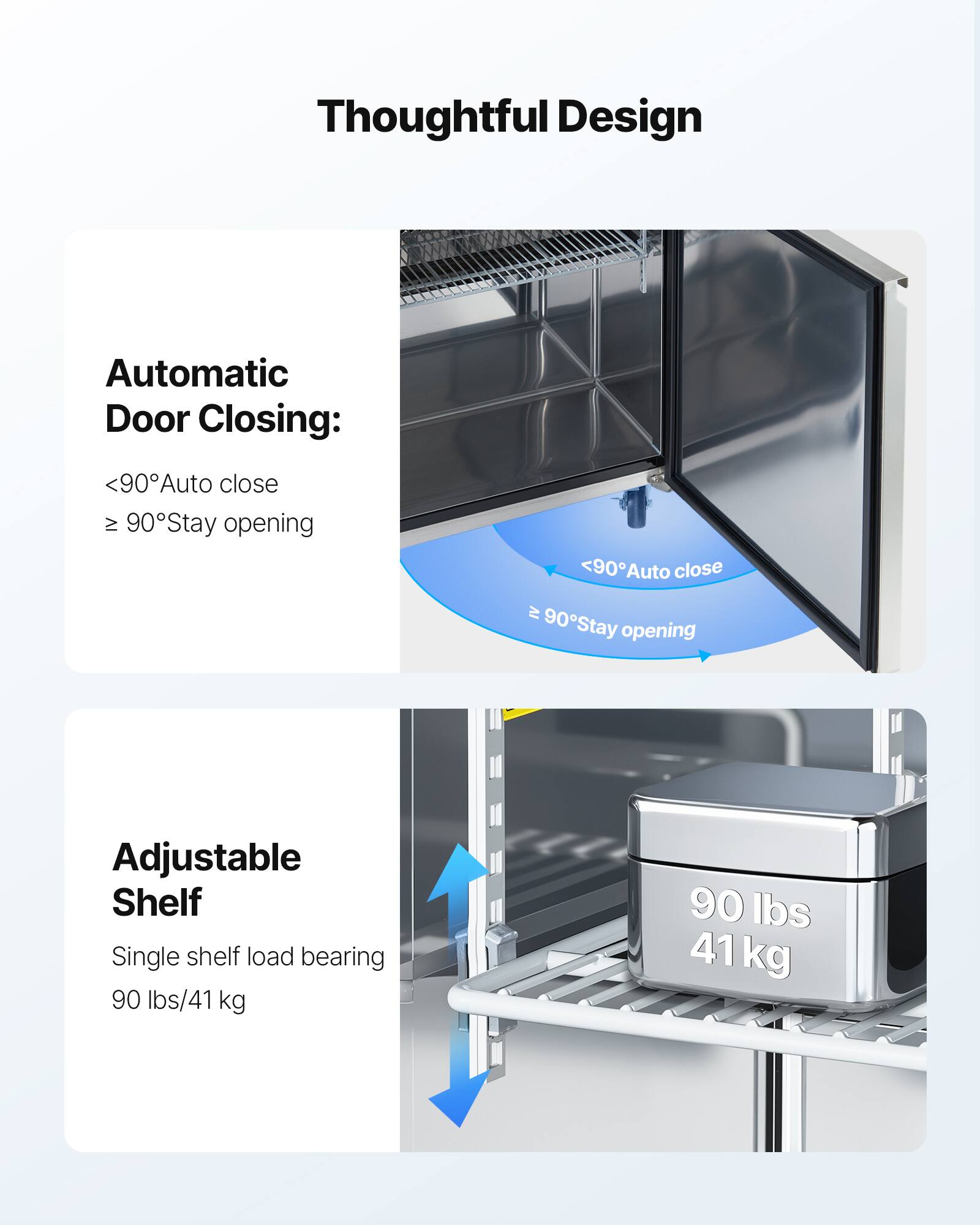 Thoughtful Design

Automatic Door Closing:
<90° Auto close
≥ 90° Stay opening

Adjustable Shelf
Single shelf load bearing 90 lbs/41 kg
90 lbs 41 kg