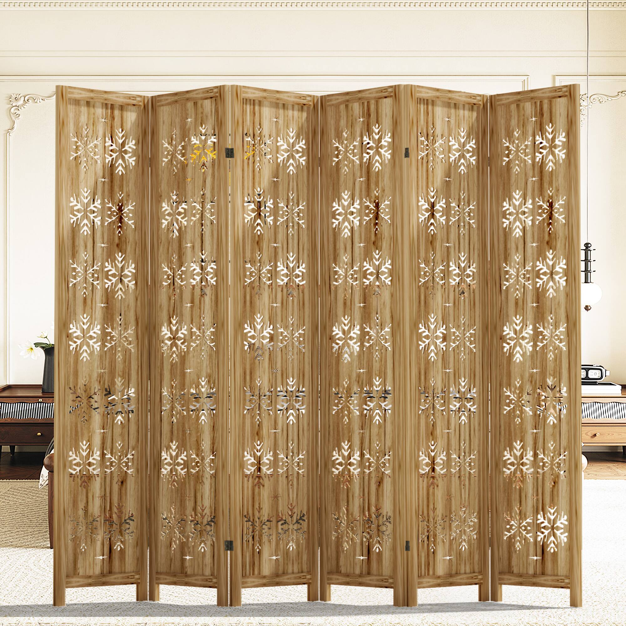 Front. PexFix - Room Divider, 6-Panel Freestanding Wood Screen, Snow Pattern, 67 in. H Folding Privacy Screen for Office, Bedroom - Natural.
