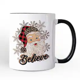 OrnamentallyYou - Believe Santa Buffalo Plaid Mug, Retro Christmas Gift - White