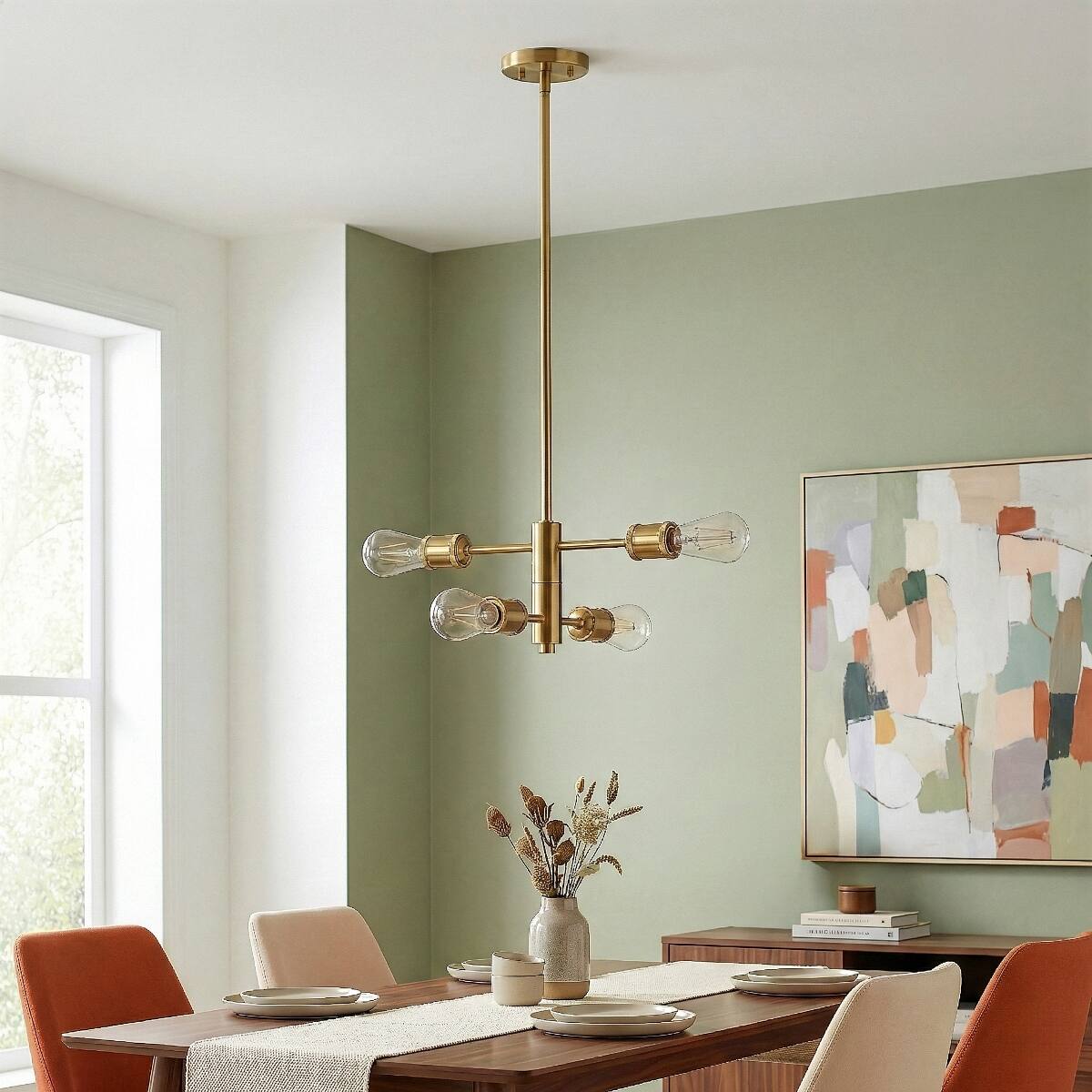 Back. Loheer - Loheer Four Light Gold Chandelier, Modern Brass and Clear Glass Pendant for Dining Room.