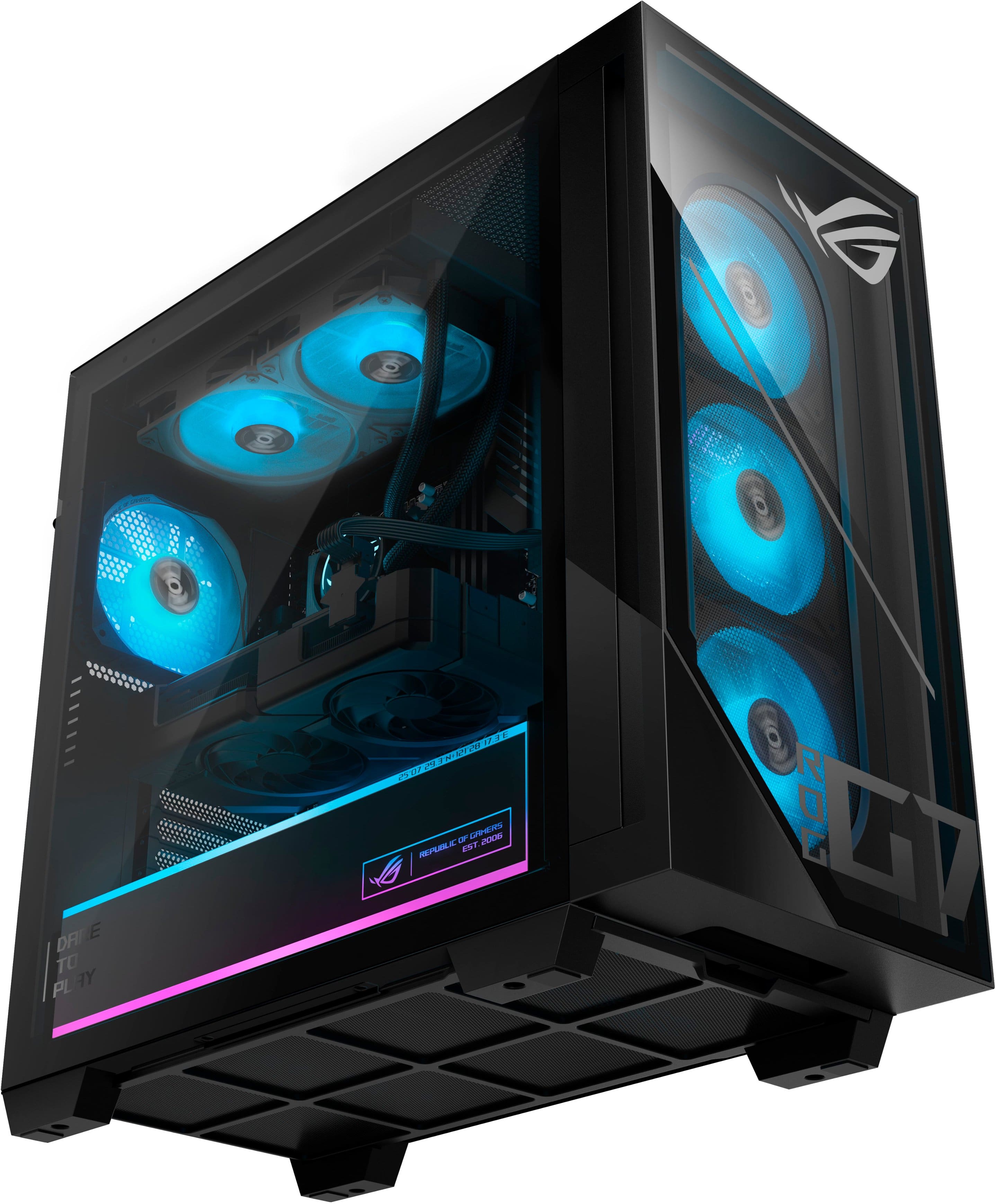 The text on the image is not coherent or meaningful. It does not provide any context or information about the image of the computer tower.