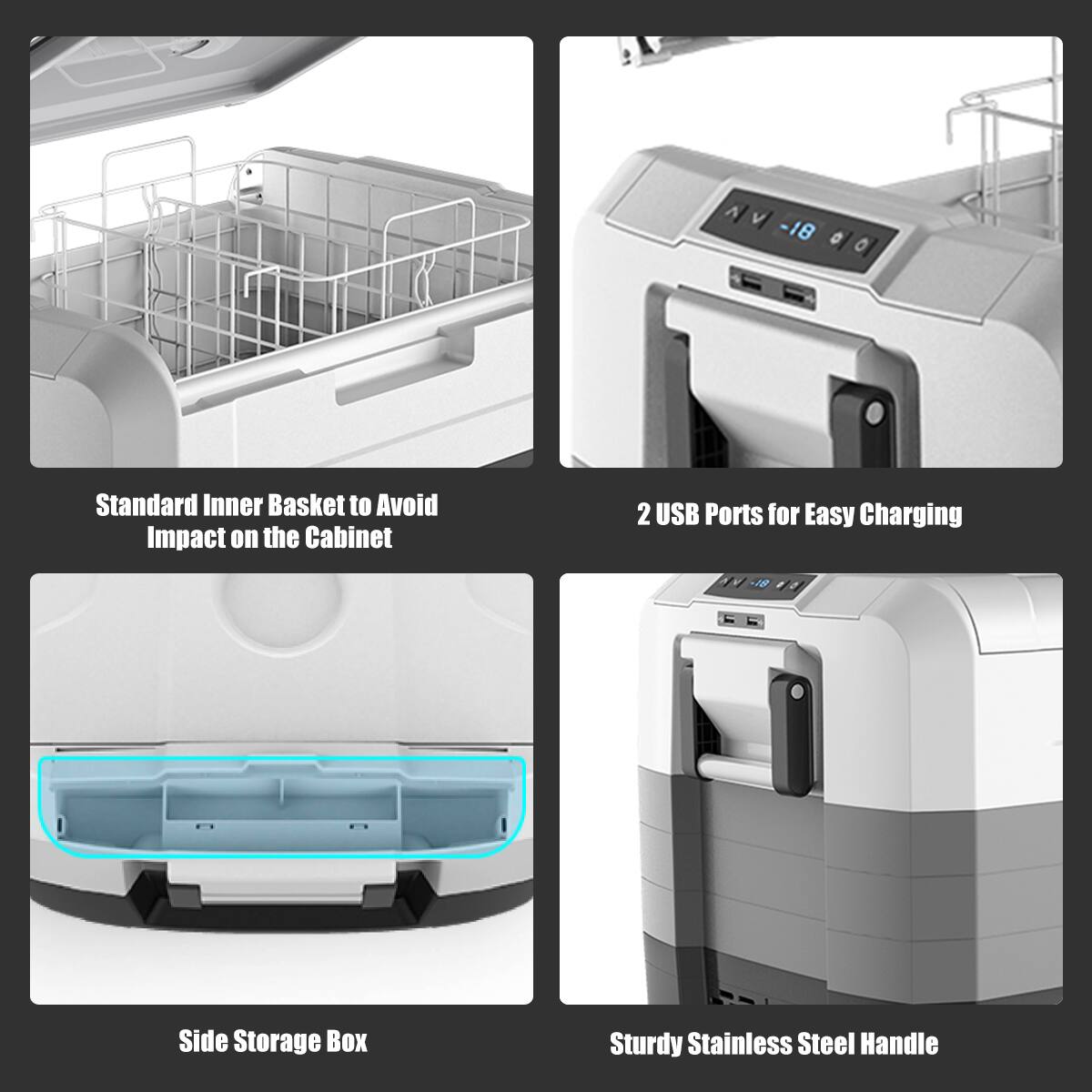 The text on the image is grouped as follows:

1. Standard Inner Basket to Avoid Impact on the Cabinet
2. 2 USB Ports for Easy Charging
3. Side Storage Box
4. Sturdy Stainless Steel Handle