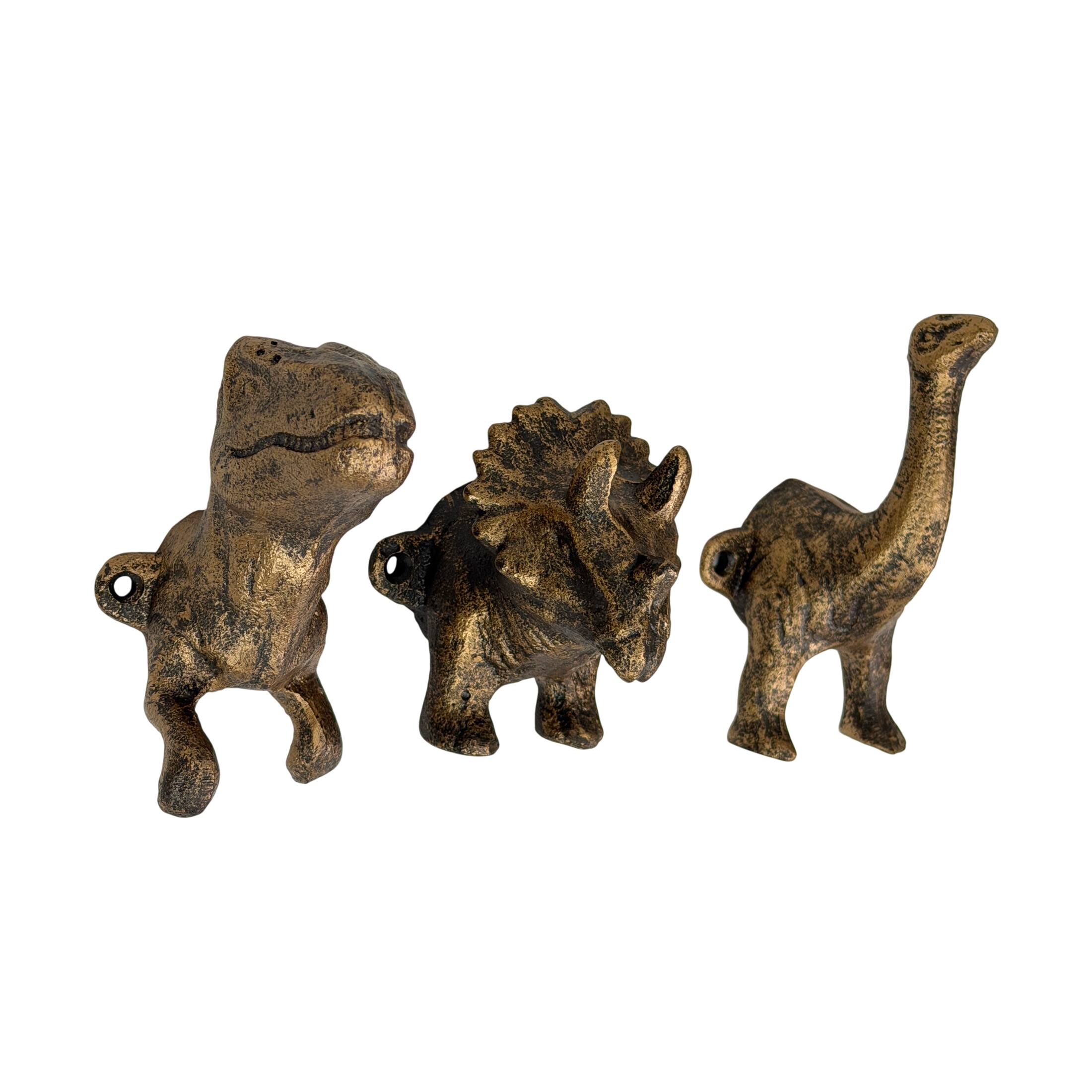 Front. Things2Die4 - Cast Iron Dinosaur Wall Hooks Set of 3 Antique Bronze 5 Inch Decorative - Bronze.