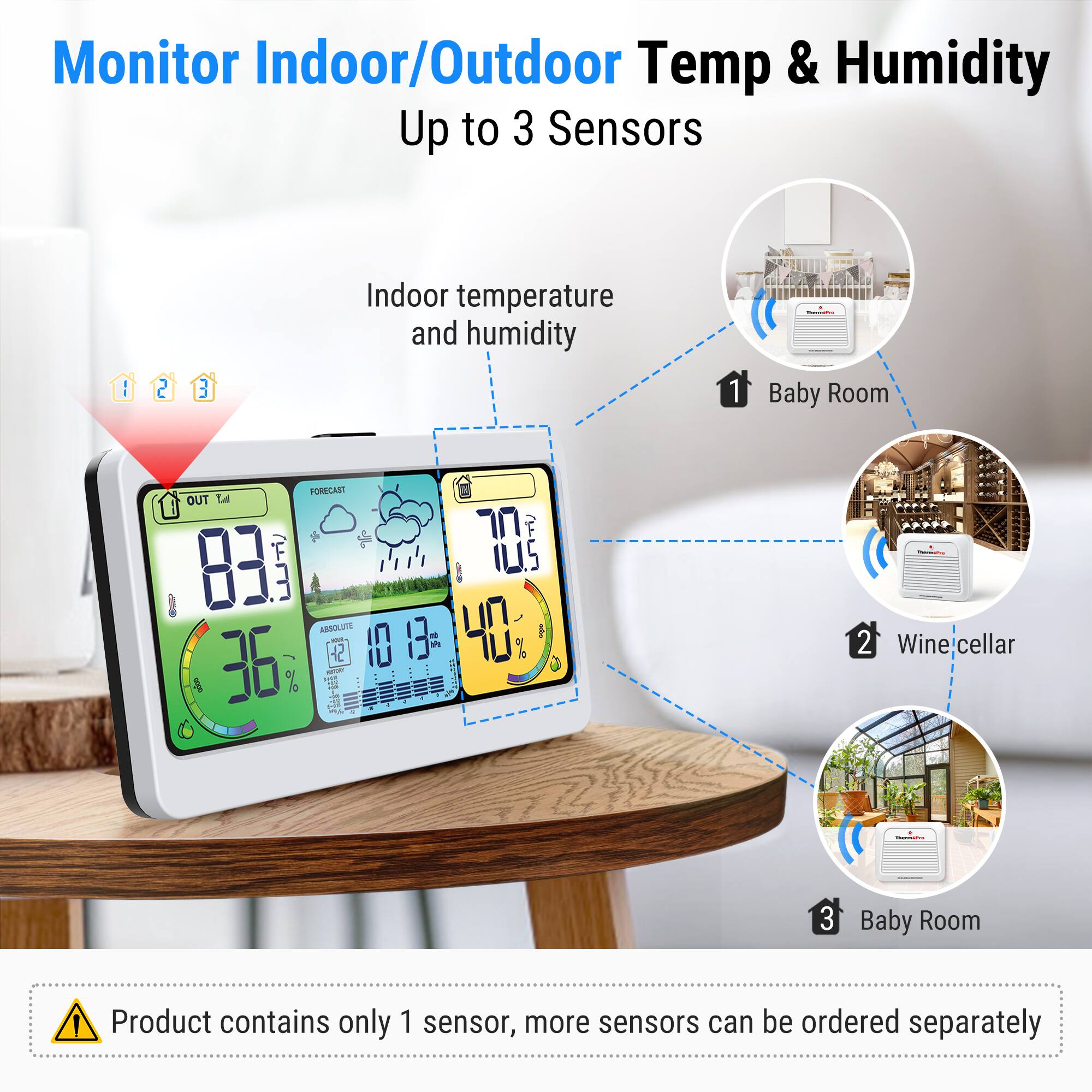 Monitor Indoor/Outdoor Temp & Humidity  
Up to 3 Sensors  

1. Indoor temperature and humidity  
2. Baby Room  
3. Wine cellar  

Product contains only 1 sensor, more sensors can be ordered separately