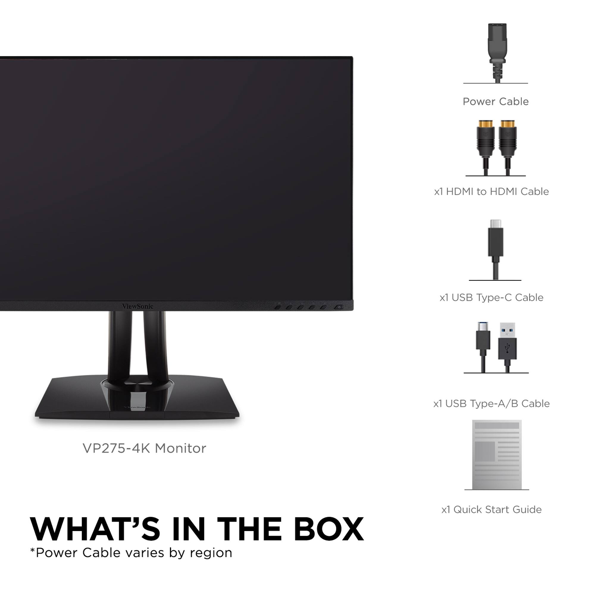 The text on the image is grouped and corrected as follows:

What's in the Box:
- Power Cable varies by region x1
- Quick Start Guide