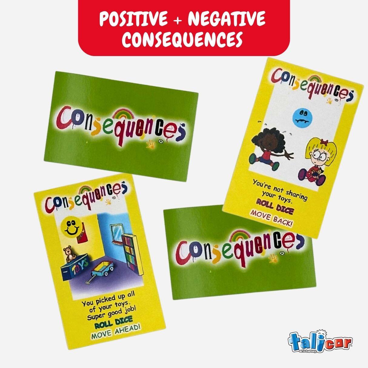 POSITIVE + NEGATIVE CONSEQUENCES

Consequences

You picked up all of your toys. Super good job! ROLL DICE MOVE AHEAD!

Consequences

You're not sharing your toys. ROLL DICE MOVE BACK!