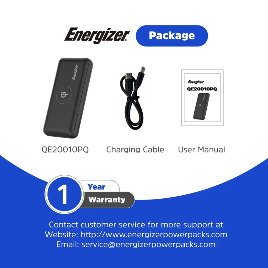 Energizer QE20010PQ Charging Cable User Manual 1 Year Warranty Contact customer service for more support at Website: <http://www.energizerpowerpacks.com> Email: [service@energizerpowerpacks.com](mailto:service@energizerpowerpacks.com)