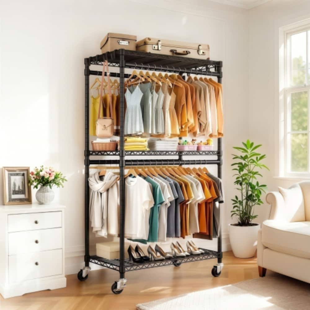 LUCKY ONE - Rolling Heavy Duty Garment Rack w/ 3 Shelves 2 Rods Side Hooks Wheels - Black price history on PriceWatchPro