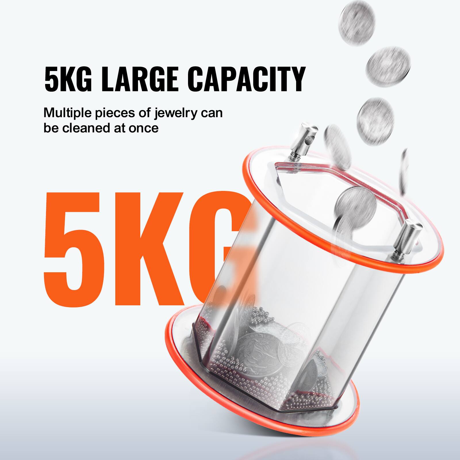 5KG LARGE CAPACITY  
Multiple pieces of jewelry can be cleaned at once  
5KG