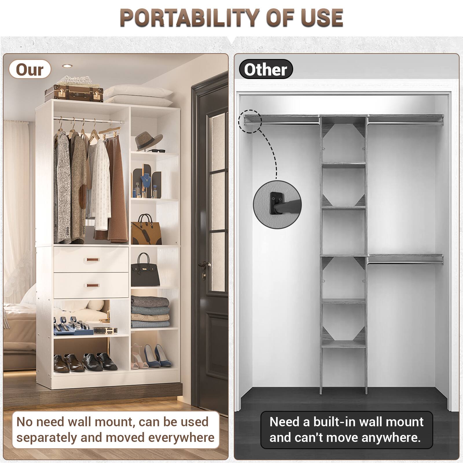 PORTABILITY OF USE

Our  
No need wall mount, can be used separately and moved everywhere.

Other  
Need a built-in wall mount and can't move anywhere.