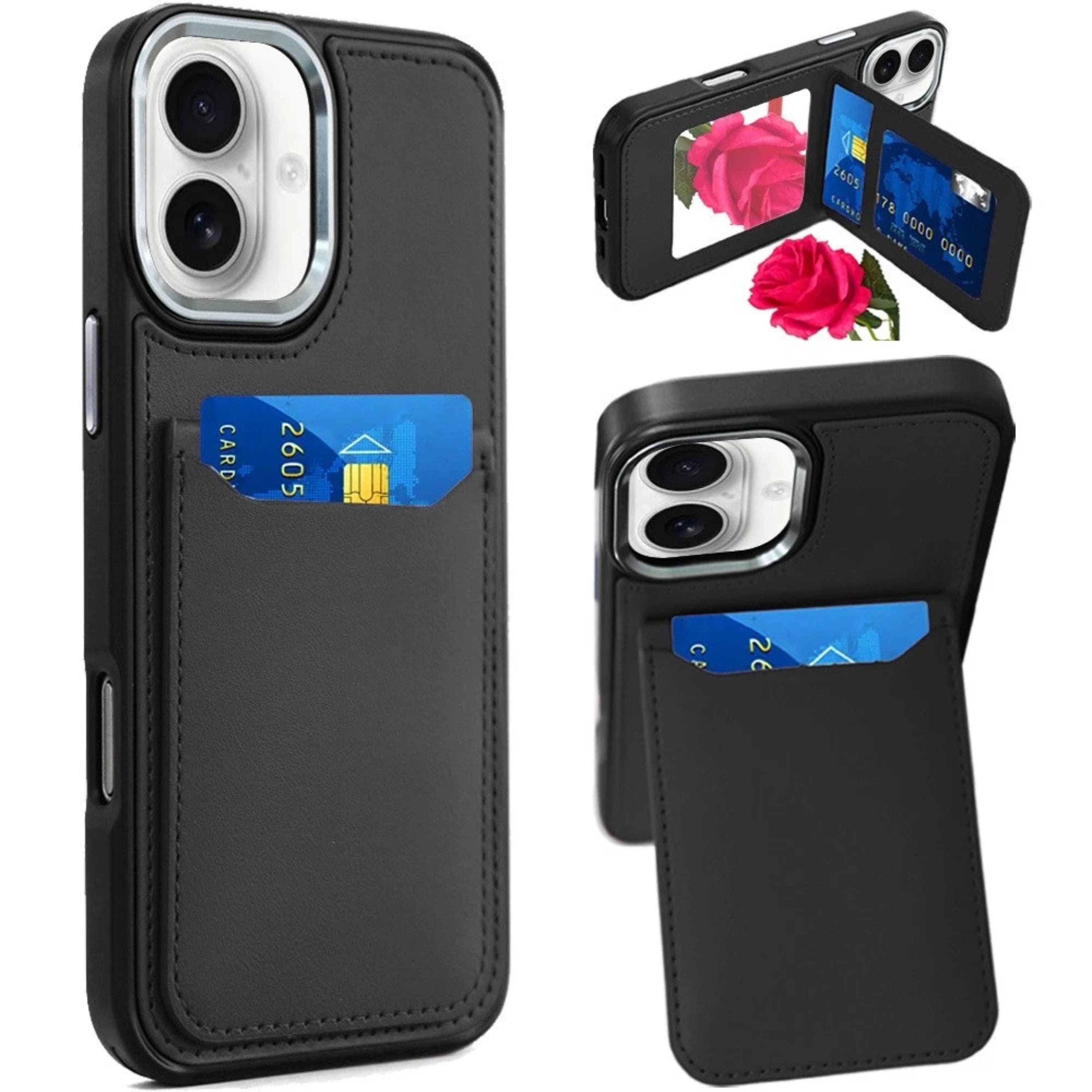 Kitcheniva - PU Leather Card Holder Phone Case With Compact Mirror And Tempered Glass For iPhone 17 - Black