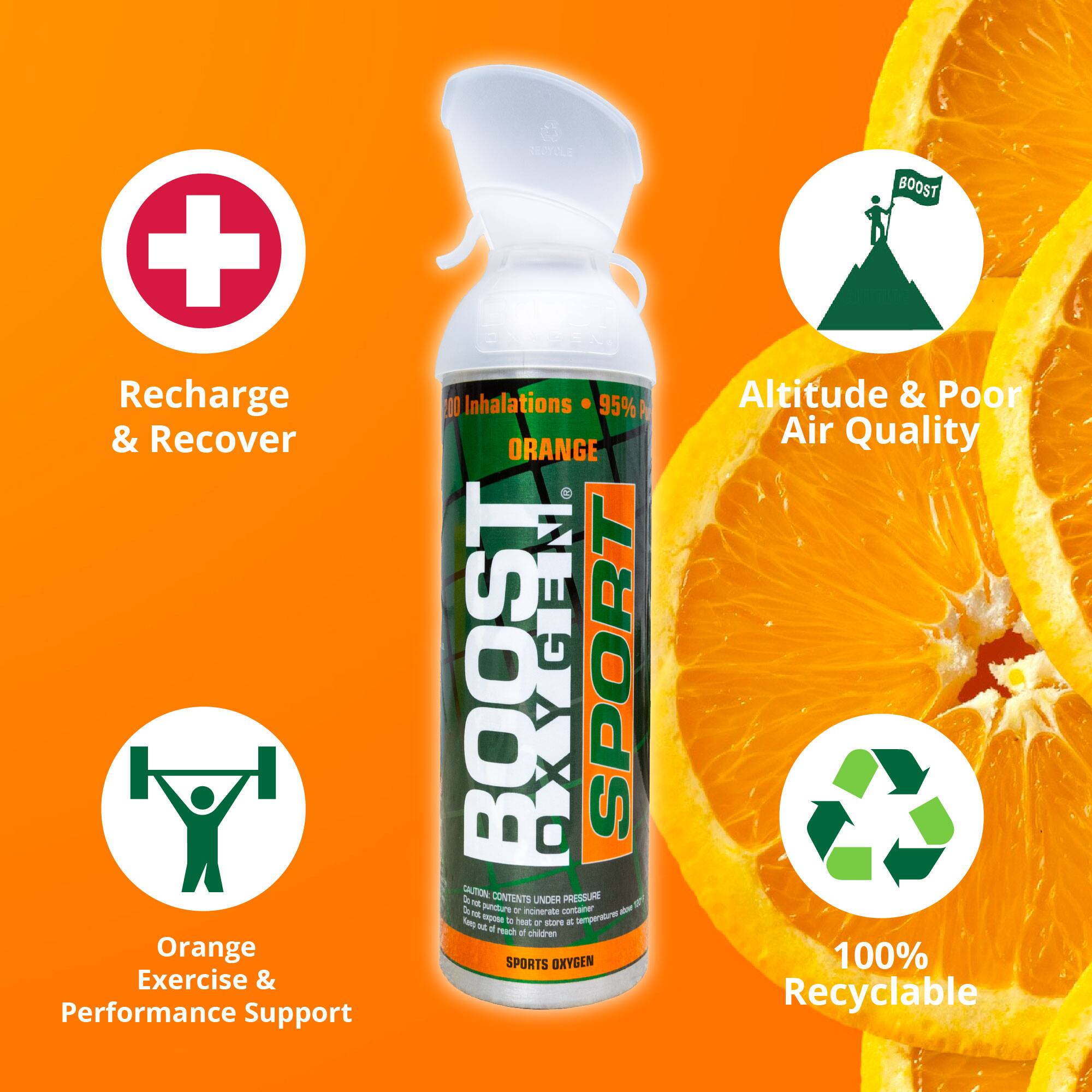 - Recharge & Recover
- Orange Exercise & Performance Support
- 200 Inhalations
- 95% Orange
- SPORT OXYGEN BOOST
- Altitude & Poor Air Quality
- 100% Recyclable