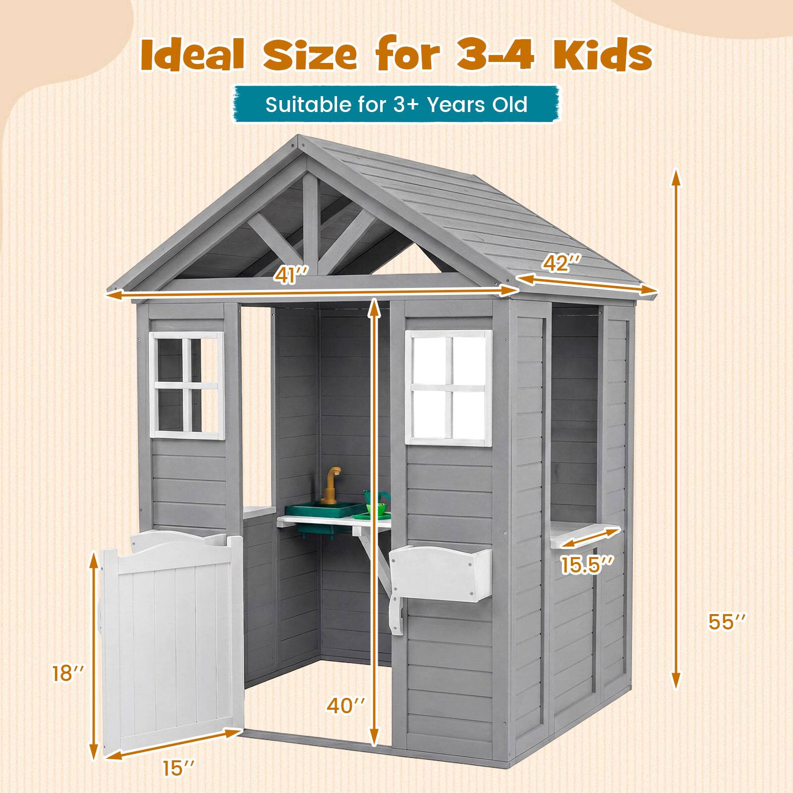 Ideal Size for 3-4 Kids  
Suitable for 3+ Years Old  
41" x 42" x 55"  
15.5" x 18" x 40" x 15"
