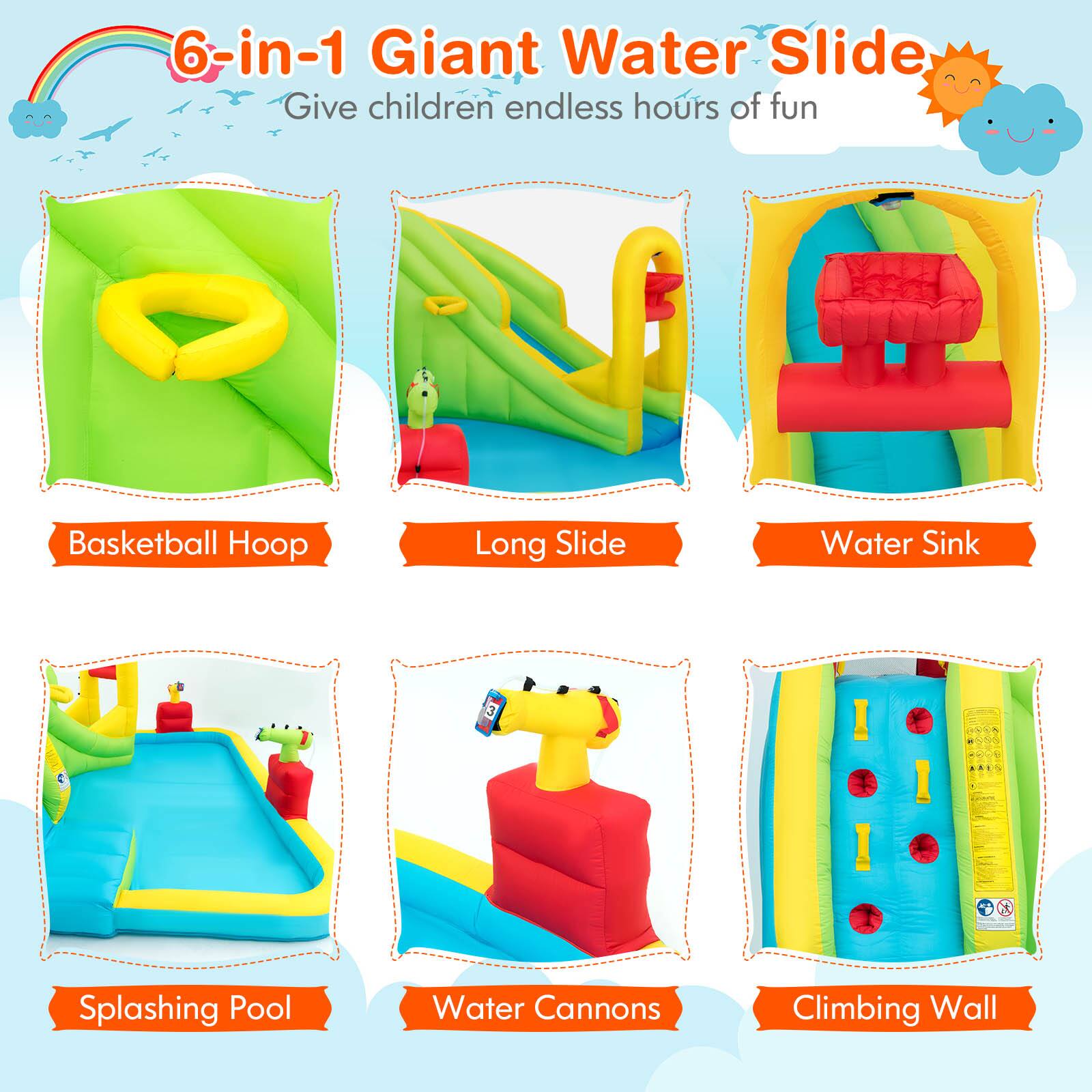 6-in-1 Giant Water Slide  
Give children endless hours of fun  

- Basketball Hoop  
- Long Slide  
- Water Sink  
- Splashing Pool  
- Water Cannons  
- Climbing Wall