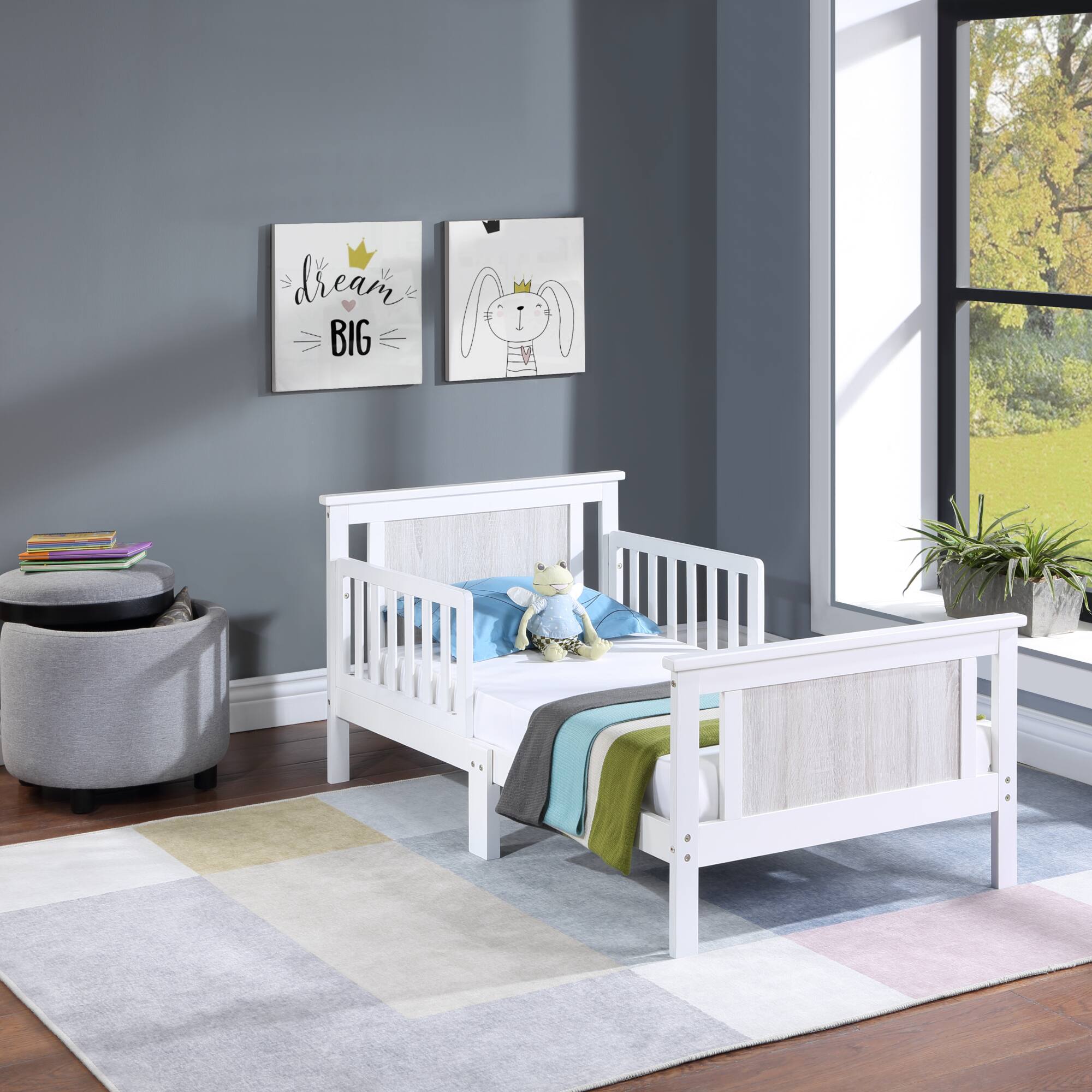Back. GOODSILO - Reversible Panel Toddler Bed with Dual-Tone Finish for Growing Children, Solid Wood Construction - White.