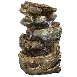 Sunnydaze - Tiered Rock and Log Indoor Water Fountain with LEDs - 10.5 in - Brown