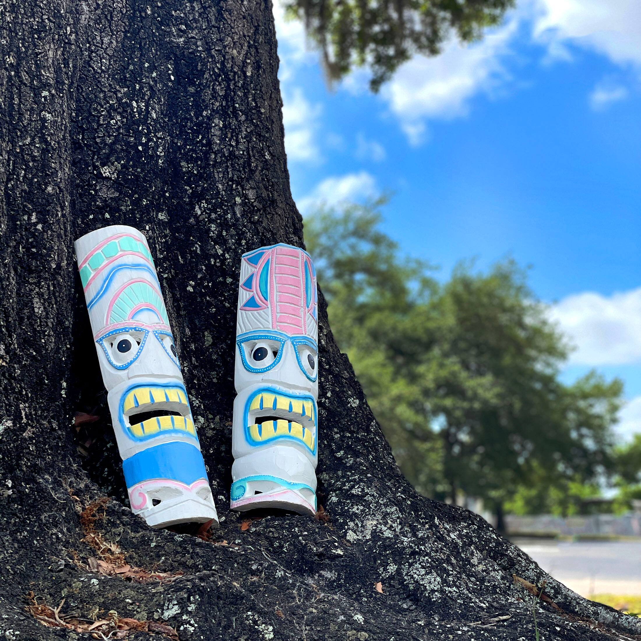 Alt View 5. Chesapeake Bay - Set of 2 - 20" Pastel Pink & Blue Tiki Masks Wood Wall Decor Indoor/Outdoor - White.