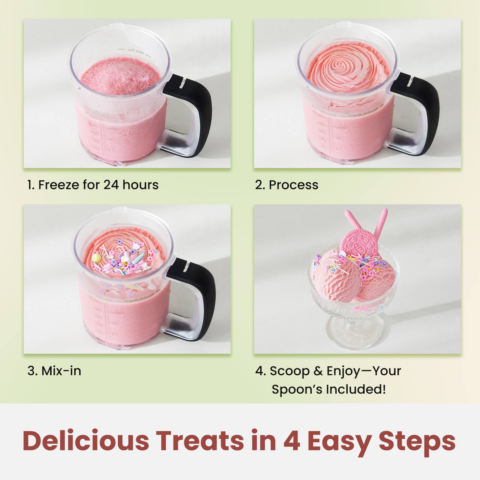 1. Freeze for 24 hours  
2. Process  
3. Mix-in  
4. Scoop & Enjoy—Your Spoon's Included!  

Delicious Treats in 4 Easy Steps