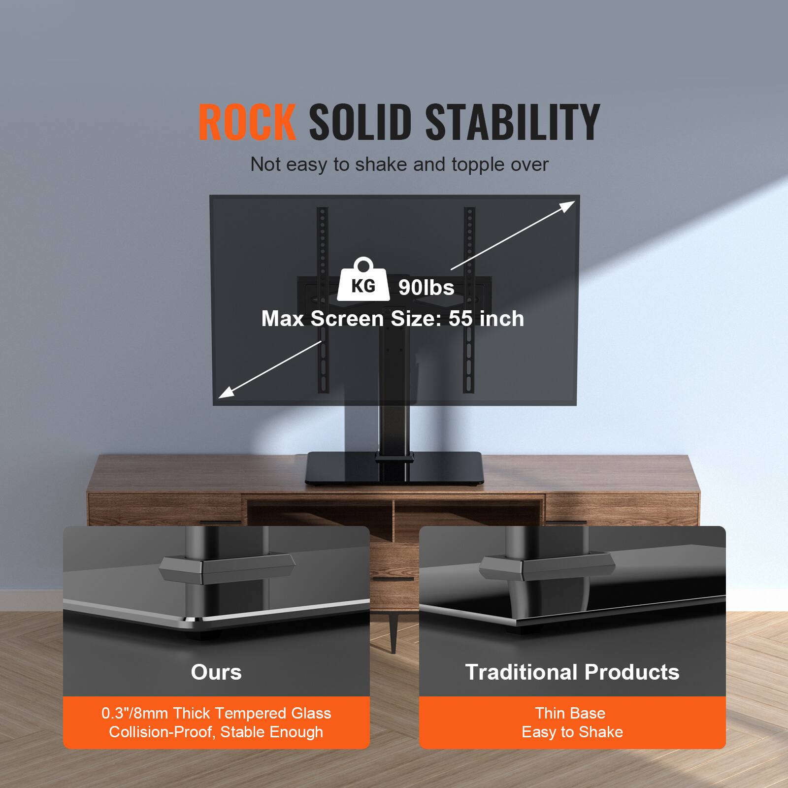 ROCK SOLID STABILITY  
Not easy to shake and topple over  

KG 90lbs  
Max Screen Size: 55 inch  

Ours  
0.3"/8mm Thick Tempered Glass  
Collision-Proof, Stable Enough  

Traditional Products  
Thin Base  
Easy to Shake