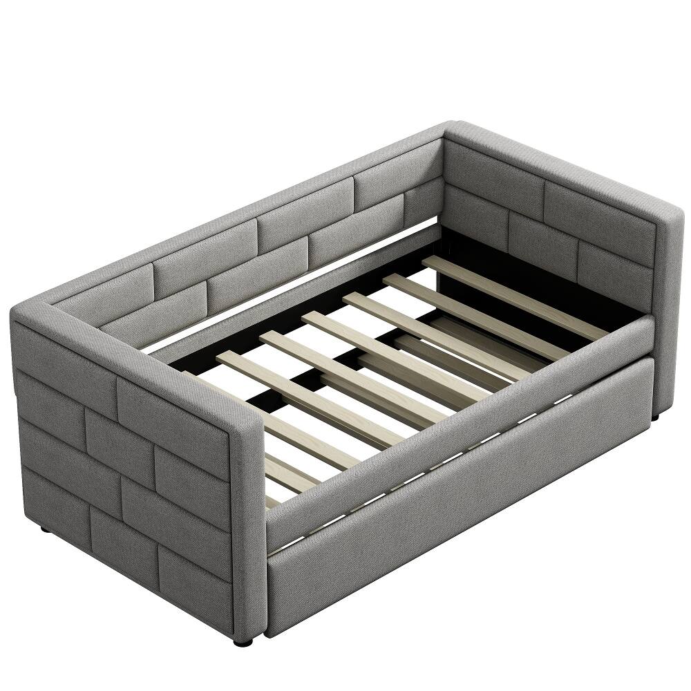 Alt View 4. Loheer - Loheer Twin Daybed with Trundle, Gray Upholstered Guest Bed with Padded Back, No Box Spring Needed - Gray.