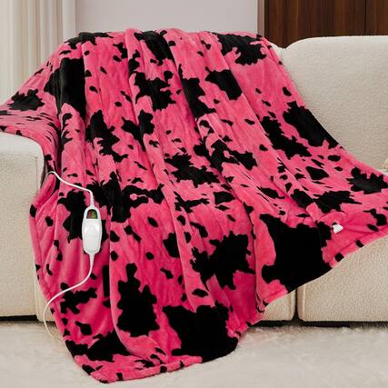 Front. Alchemy Casas - Cow Print Heated Electric Blanket Throw Heating With 10 Heats Levels 8 Hours Auto Off Western Highland - Pink Black Highland Cow 50"x60".