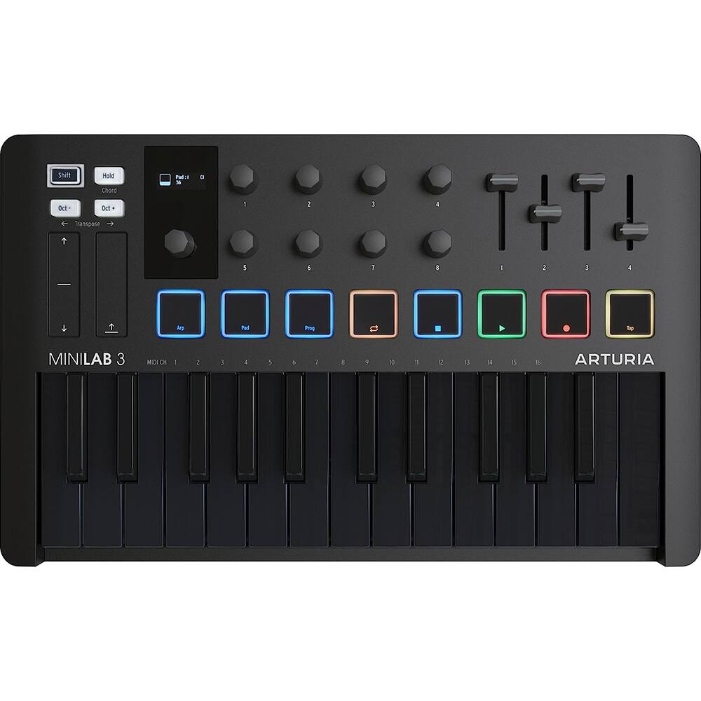 Shift  
Hold Chord  
Pad:  
D  
Oct  
Oct  
1  
2  
:  
4  
Transpose  
5  
6  
1  
$  
I  
a  
3  
4  
-  
Arp  
Pid  
Prog  
II  
0  
Up  
MINILAB 3  
MIDICH  
1  
:  
:  
4  
5  
5  
1  
i  
,  
10  
I  
12  
3  

5  
6  
ARTURIA
