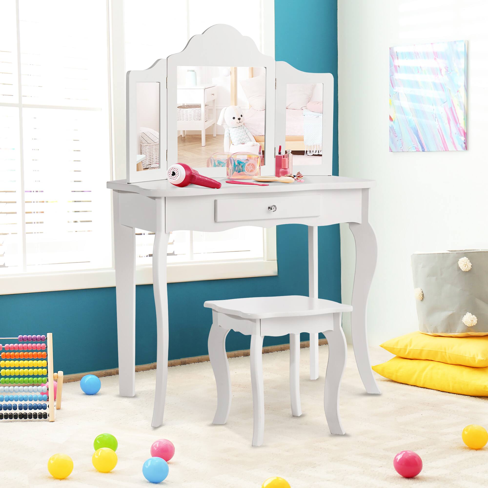 Alt View 7. Costway - Costway Vanity Table Set Makeup Dressing Table Kids Stool Mirror - White.