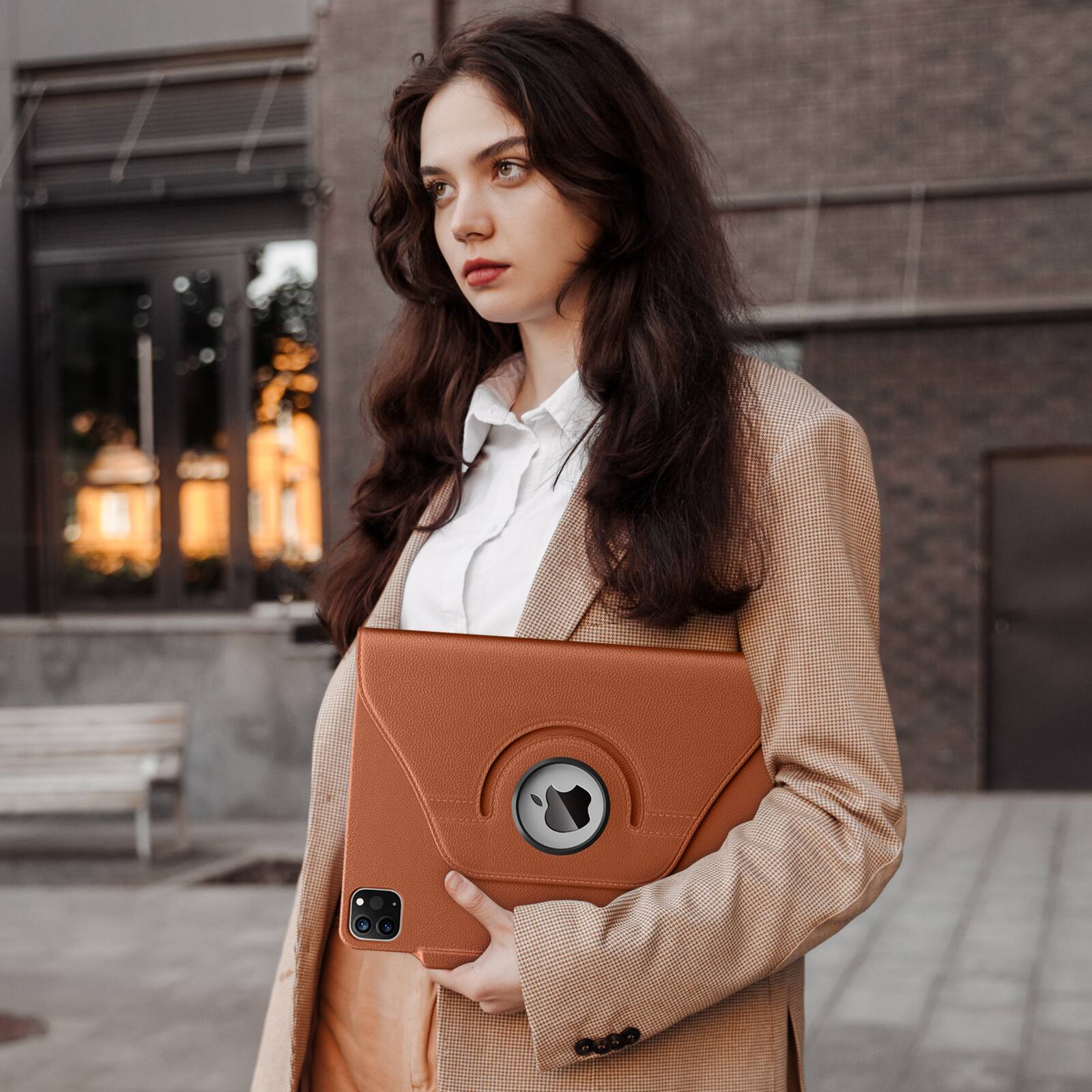 Alt View 2. DTTO - Case for iPad Pro 12.9" 3rd/4th/5th/6th Gen, Leather Smart Folio with 360° Rotating Stand, Pencil Holder & Close Strap - Brown.