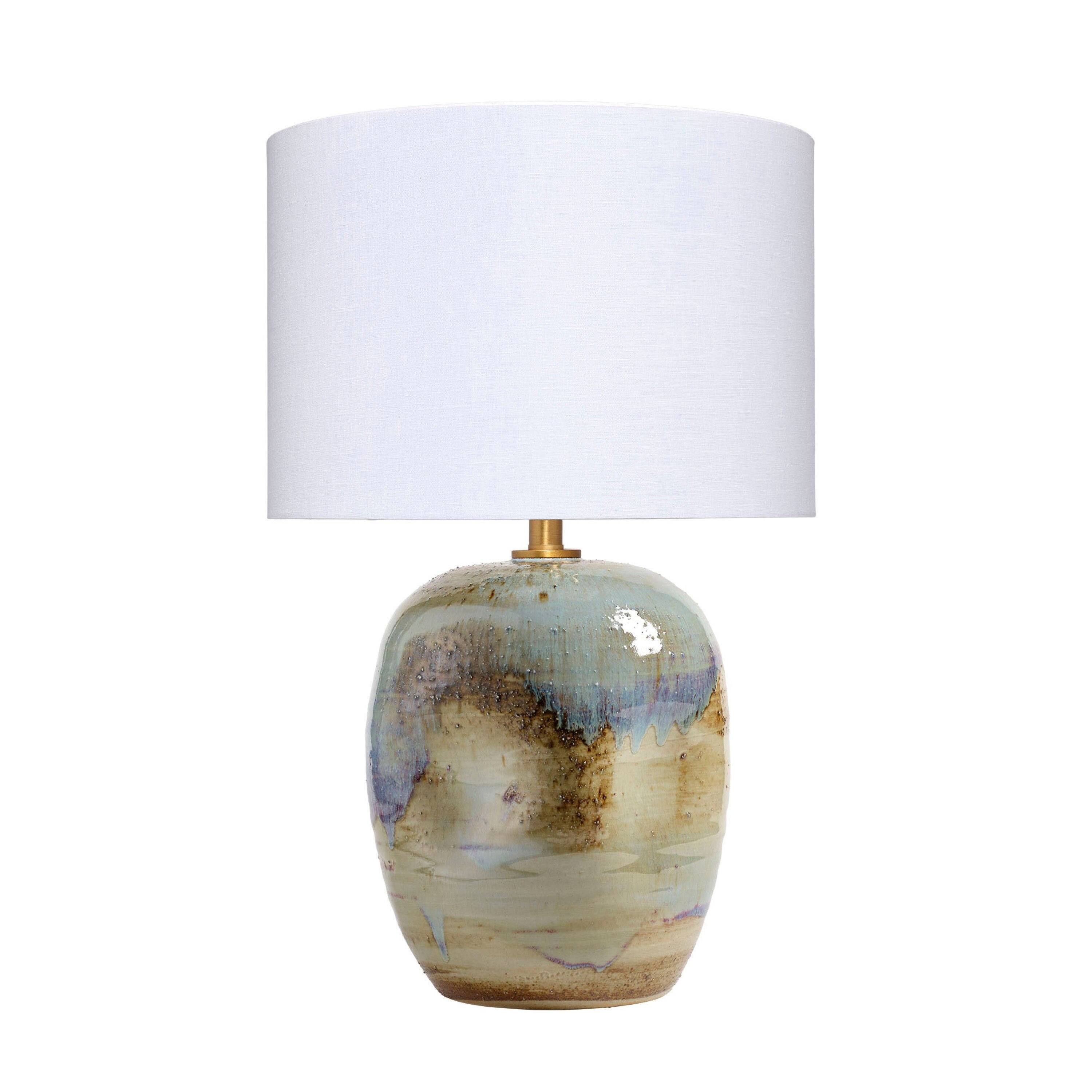Angle. Manhattan Lane - Sivy Accent Table Lamp, Linen, Round Abstract Ceramic 26 Inch - Blue, Purple, Natural Beige, White, Brass Finish.